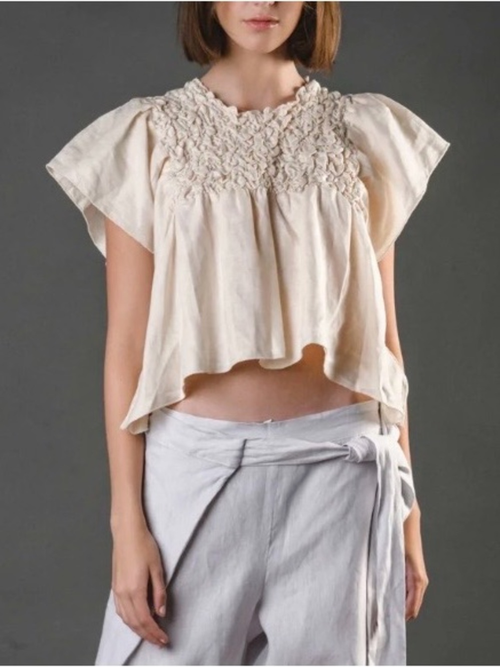 Claude Tulum Vicka Ivory Linen Smocked Open Back Butterfly Sleeve Top Fits 4-8
